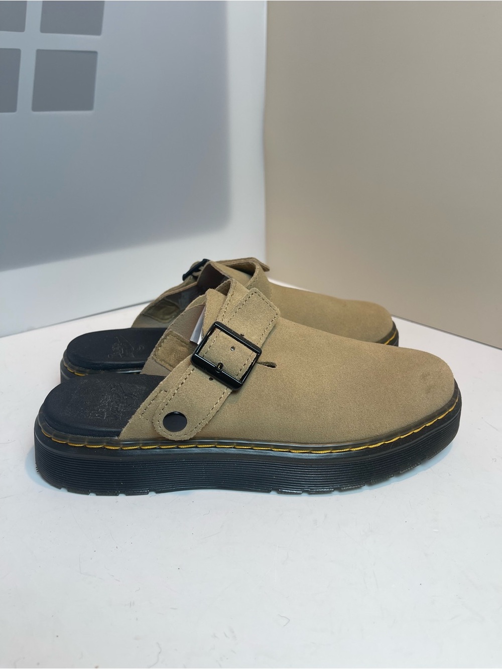 Dr. Martens Taupe Suede Zebzag Buckle Platform Mule Clogs Shoes Sz 7.5 New